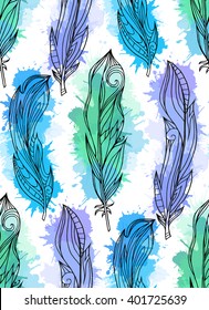 Seamless pattern of hand drawn feathers with boho pattern with watercolor splashes. Tribal doodle background. Vector element for your creativity.