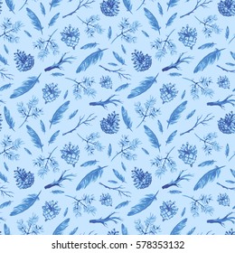 Seamless pattern with hand drawn feathers and branches, pine cones. Isolated objects. Vector background
