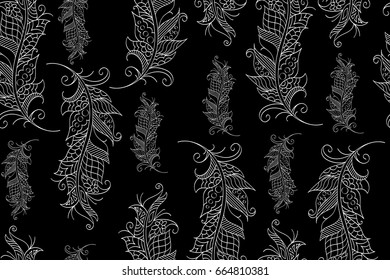 Seamless pattern with hand drawn feathers in mehndi style, vector. There is a swatch in the panel. Elements are not cut off and hidden under mask