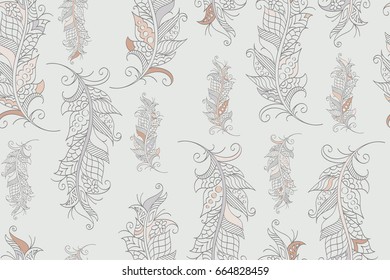 Seamless pattern with hand drawn feathers in mehndi style, vector. There is a swatch in the panel. Elements are not cut off and hidden under mask