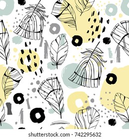 Seamless pattern with hand drawn feathers. 