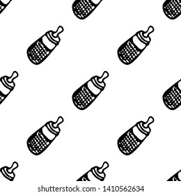 Seamless pattern Hand drawn feeding bottle doodle. Sketch children's toy icon. Decoration element. Isolated on white background. Vector illustration.