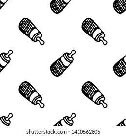 Seamless pattern Hand drawn feeding bottle doodle. Sketch children's toy icon. Decoration element. Isolated on white background. Vector illustration.