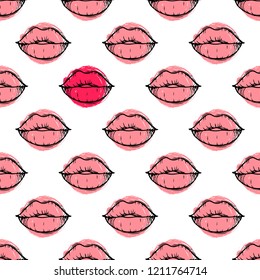 Seamless pattern with hand drawn female lips isolated on pink and red  brush stroke background. Contrast concept.