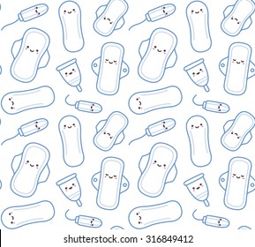 Seamless pattern of hand drawn feminine hygiene products with cute faces. Pads and tampons, pantyliners and menstrual cups in adorable cartoon style.