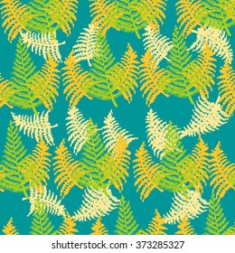Seamless pattern with hand drawn fern leaves. Vector stock illustration. Green and yellow leaves on blue background.