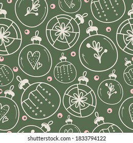 Nahtloses Muster mit handgezeichneten festlichen Weihnachtsbällen auf grünem Hintergrund. Doodle, einfache Umrissgrafik. Es kann für die Dekoration von Textilien, Papier und anderen Oberflächen verwendet werden.