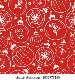Seamless pattern with hand drawn festive christmas balls on a red background. Doodle, simple outline illustration. It can be used for decoration of textile, paper and other surfaces.
