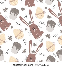 Seamless pattern with hand drawn festive elements, colorful easter eggs, cakes and a rabbit in a white background. Simple illustration in a flat style. It can be used for decoration of textile, paper.