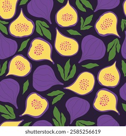 Seamless pattern with hand drawn figs and leaves on dark blue background. Modern botanical print for fabric, cover, card, flyer. Vector illustration