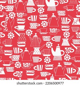 Seamless pattern. Hand drawn Fika koffe cups decorated with patterns in Scandinavian style. Hot drinks, Pottery, holidays concept. For wrapping paper, other design projects