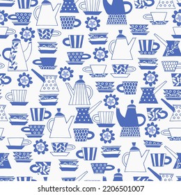 Seamless pattern. Hand drawn Fika koffe cups decorated with patterns in Scandinavian style. Hot drinks, Pottery, holidays concept. For wrapping paper, other design projects