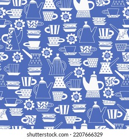 Seamless pattern. Hand drawn Fika koffe cups decorated with patterns in Scandinavian style. Hot drinks, Pottery, holidays concept. For wrapping paper, other design projects