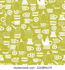Seamless pattern. Hand drawn Fika koffe cups decorated with patterns in Scandinavian style. Hot drinks, Pottery, holidays concept. For wrapping paper, other design projects