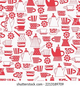 Nahtloses Muster. Handgezeichnete Fika Koffe-Tassen mit Mustern im skandinavischen Stil. Hot Drinks, Potterie, Urlaubskonzept. Für Verpackungspapier, andere Designprojekte