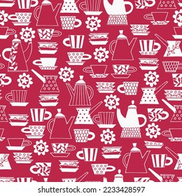 Seamless pattern. Hand drawn Fika koffe cups decorated with patterns in Scandinavian style in Color of The Year, Viva Magenta. For wrapping paper, other design projects