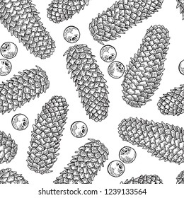 Seamless pattern with hand drawn fir cones and holly berries. Vector illustration engraved. Design for Christmas greeting cards and packaging.