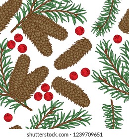 Seamless pattern with hand drawn fir cones, branches and berries. Vector illustration engraved. Design for Christmas greeting cards and packaging.