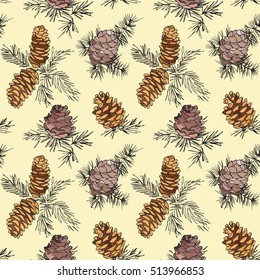 Seamless pattern with hand drawn fir cones