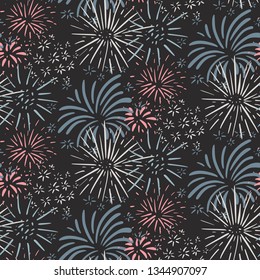 Seamless pattern with hand drawn fireworks. Colorful holiday vector endless background.