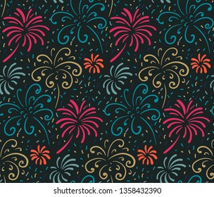 Seamless pattern with hand drawn fireworks. Colorful holiday vector endless background.