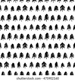 Seamless pattern with hand drawn fir-trees. Ink illustration. Isolated on white background. Hand drawn ornament for wrapping paper. 