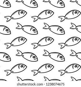 Seamless pattern hand drawn fish. Doodle black sketch. Sign symbol. Decoration element. Isolated on white background. Flat design. Vector illustration.