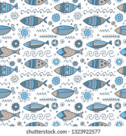 Seamless pattern with hand drawn fish. Summer fresh print.