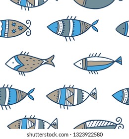 Seamless pattern with hand drawn fish. Summer fresh print.