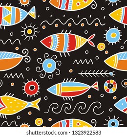 Seamless pattern with hand drawn fish. Summer fresh print.