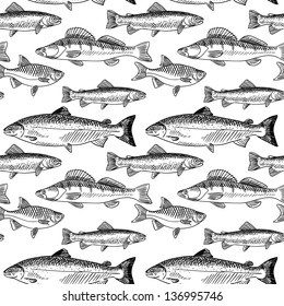 Seamless Pattern With Hand Drawn Fish In Vintage Style