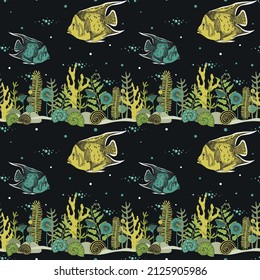 Seamless pattern with hand drawn fish, underwater plants, snaills. Vector illustrator. 