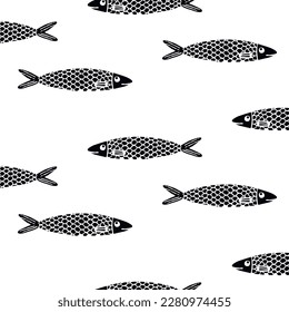 Seamless pattern with hand drawn fish in vintage style. Marine underwater life monochrome print wallpaper sketch texture. 