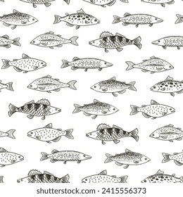 Seamless pattern with hand drawn fish on white background. Vector illustration.
