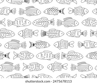 Seamless pattern hand drawn fish. Line outline white transparent background. Set of vector icons of ocean fish.