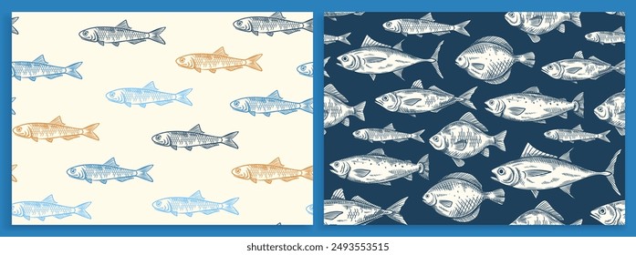 Seamless pattern with hand drawn fish. Repeating template with sketches of marine life. Ocean salmon or tuna. Design element for print. Outline vector illustration set isolated on background