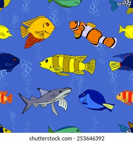 Seamless pattern with hand drawn fish