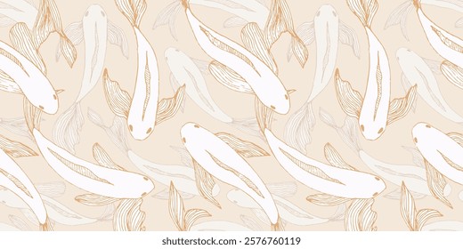 Seamless pattern with hand drawn fish koi. Engraved style