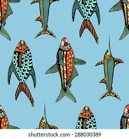 Seamless pattern with hand drawn fish, Vector illustration