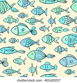 Seamless pattern with hand drawn fish. Vector illustration.