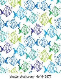 Seamless pattern with hand drawn fish in cartoon style. Vector illustration.