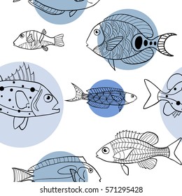 Seamless pattern with hand drawn fish and circles. Sketch style minimalistic illustration