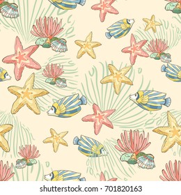 Seamless pattern with hand drawn fish and seastars. Underwater background.