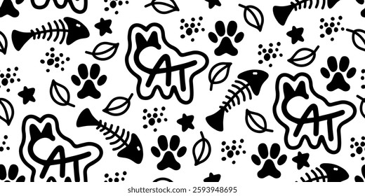 seamless pattern of hand drawn fishbone sketch, doodle cute cat elements on white background. Fish bones and footprints.