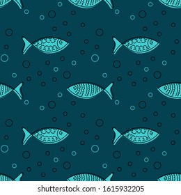 Seamless pattern with hand drawn fishes, doodle style. Silhouettes and contours, vector illustration on blue background.