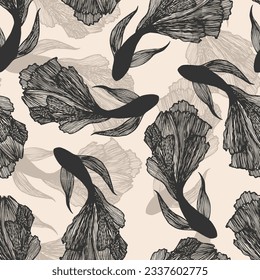 Seamless pattern with hand drawn fishes in sketch style. Fabric design
