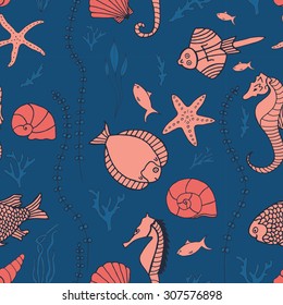 Seamless pattern with hand drawn fishes, corrals, shells, seaweeds and sea-horses. Perfect background texture for menus, booklets or web designs.