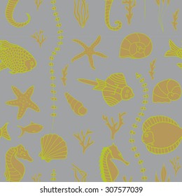 Seamless pattern with hand drawn fishes, corrals, shells, seaweeds and sea-horses. Perfect background texture for menus, booklets or web designs.