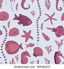 Seamless pattern with hand drawn fishes, corrals, shells, seaweeds and sea-horses. Perfect background texture for menus, booklets or web designs.