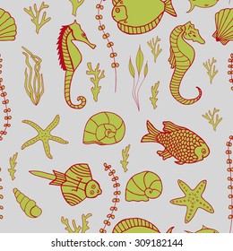 Seamless pattern with hand drawn fishes, corrals, shells, seaweeds and sea-horses. Perfect background texture for menus, booklets or web designs.